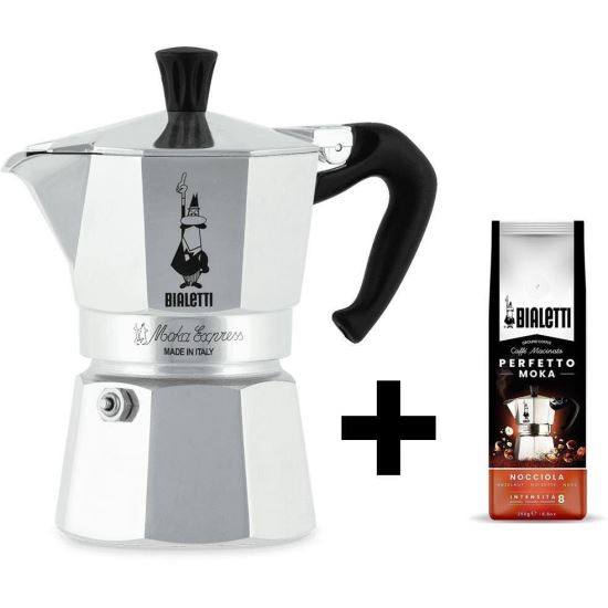 Set Espressor Bialetti  Moka Express 6 cesti + cafea macinata aroma alune 200gr